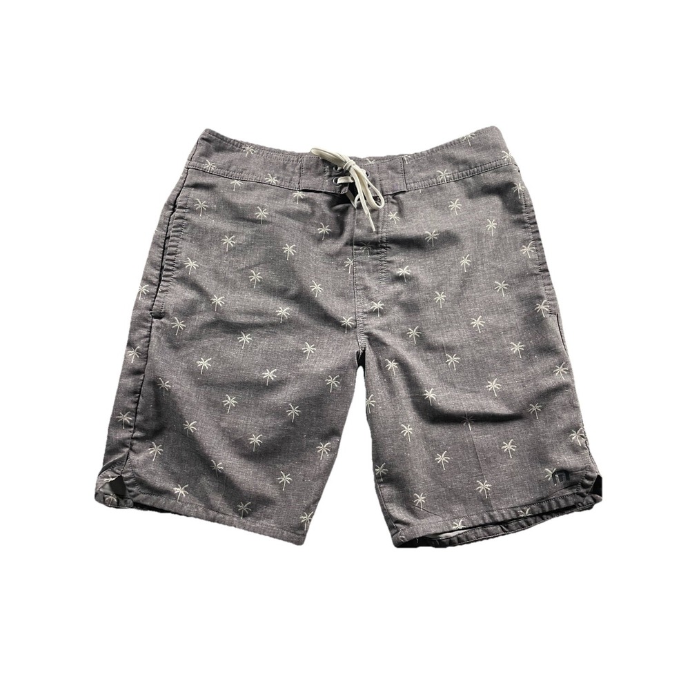 Travis Mathew Board Shorts Gray w/Palm Print 32 Men's Swim Trunks 8" Inseam